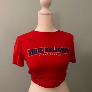 True Religion Bold Red Crop Top with royal blue and crystal white gems